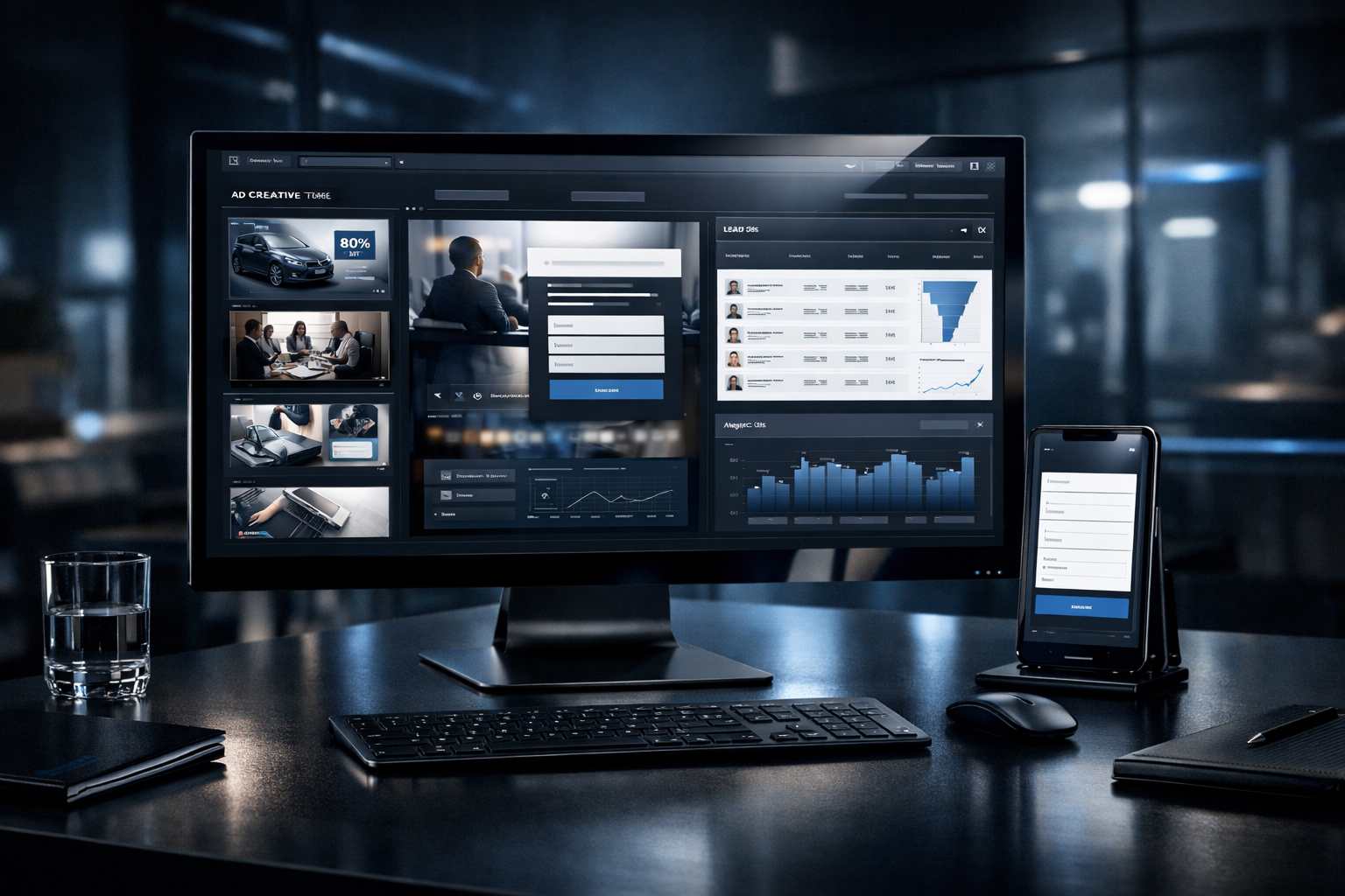 Lead generation campaign with structured form flow, campaign dashboard, and analytics surface